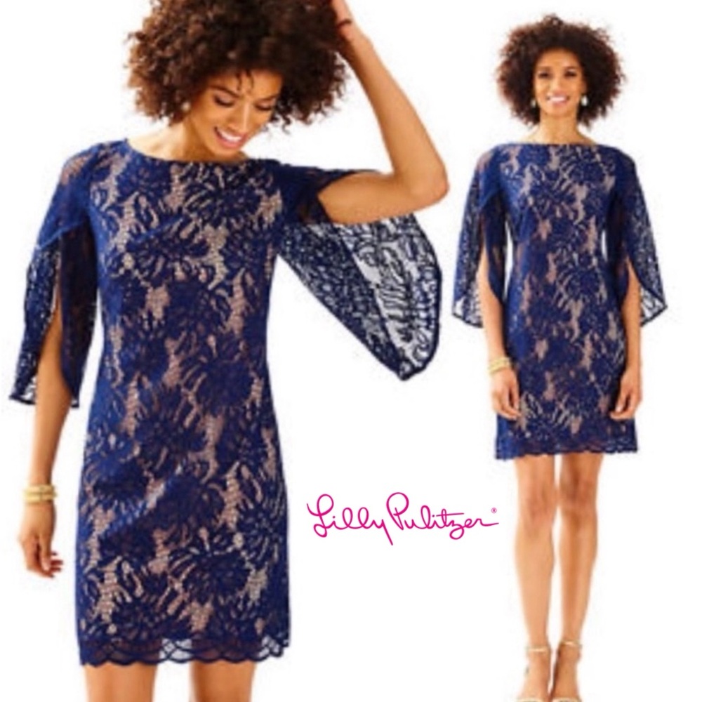 Lilly Pulitzer Belmont Navy Lace Dress Size S Bell Sleeves Cocktail Party Preppy - Picture 5 of 14